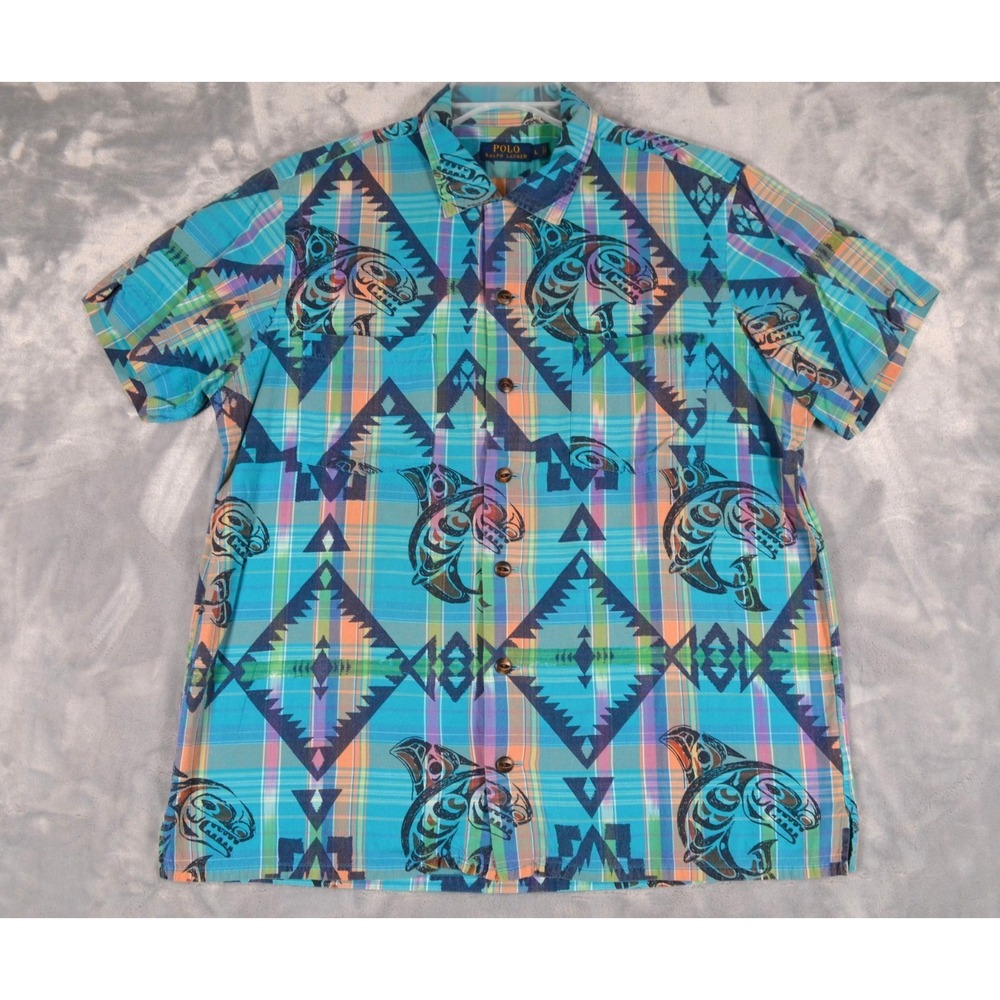Vtg Polo Ralph Lauren Shirt Men L Blue Plaid Southwest Fish Print Button Front
